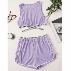 Lavender Contrast Binding Letter Tape Crop Top & Dolphin Shorts Lounge Set NWOT